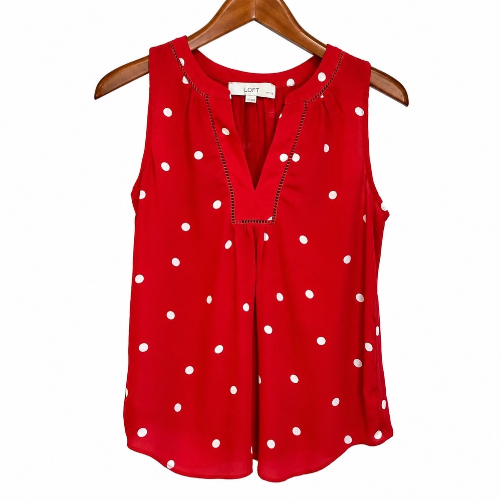 LOFT Petites Red Polka Dot Sleeveless Blouse V-Neck Crochet Trim XSP